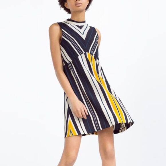 Zara Basic Stripe Mini Dress Sleeveless Button Back Navy White Yellow Womens L - Picture 1 of 10